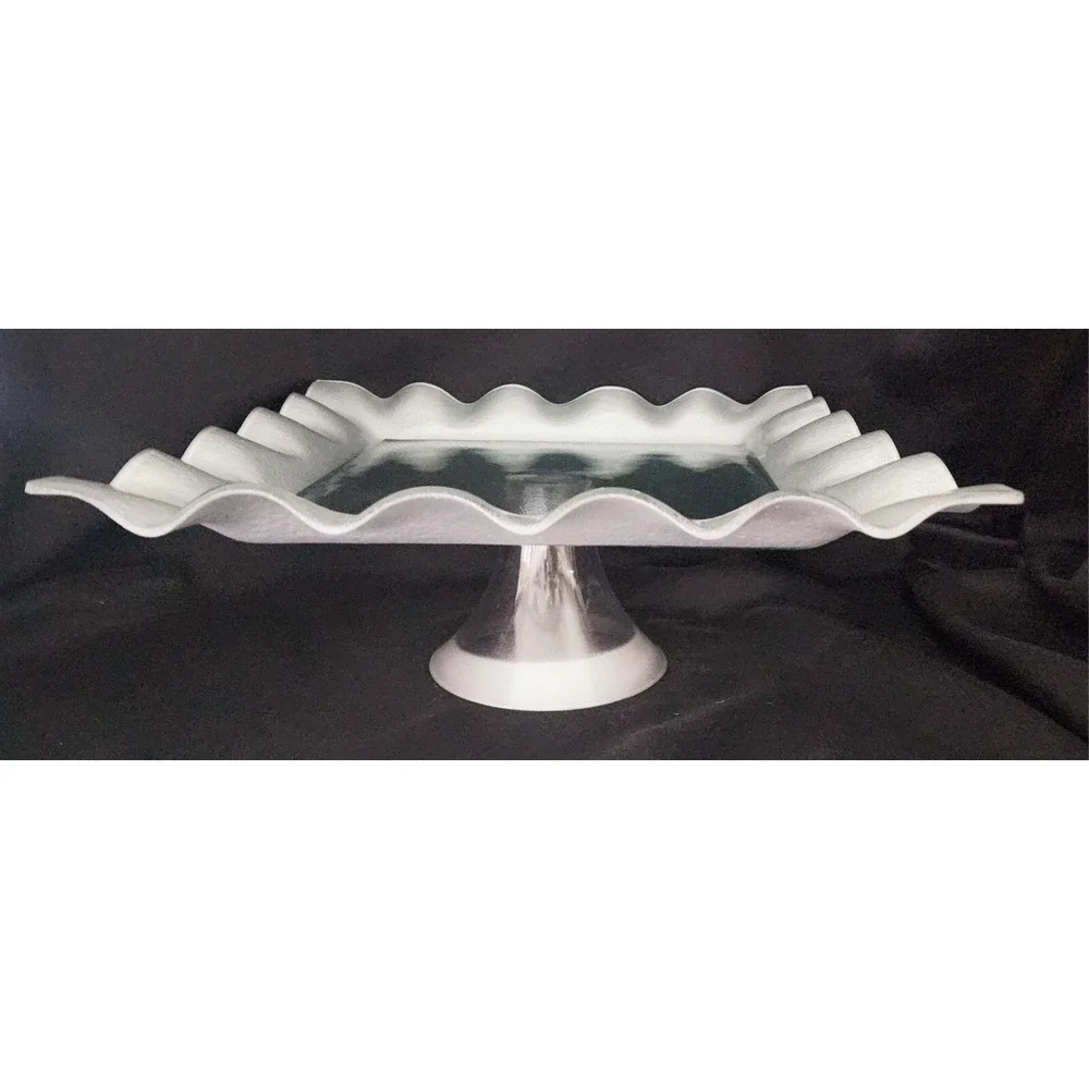 Clear Textured Glass Silver Ruffled Edge Pedestal Cake Pie Plate